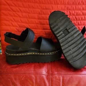 Dr. Martens Black Voss Quad Sandles with Classic Yellow Stitching